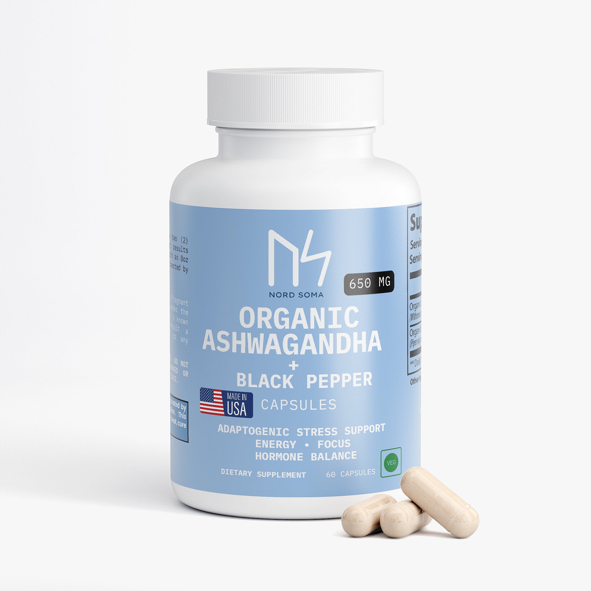 Nordsoma Organic Ashwagandha + Black Pepper 650 Mg , Made in USA