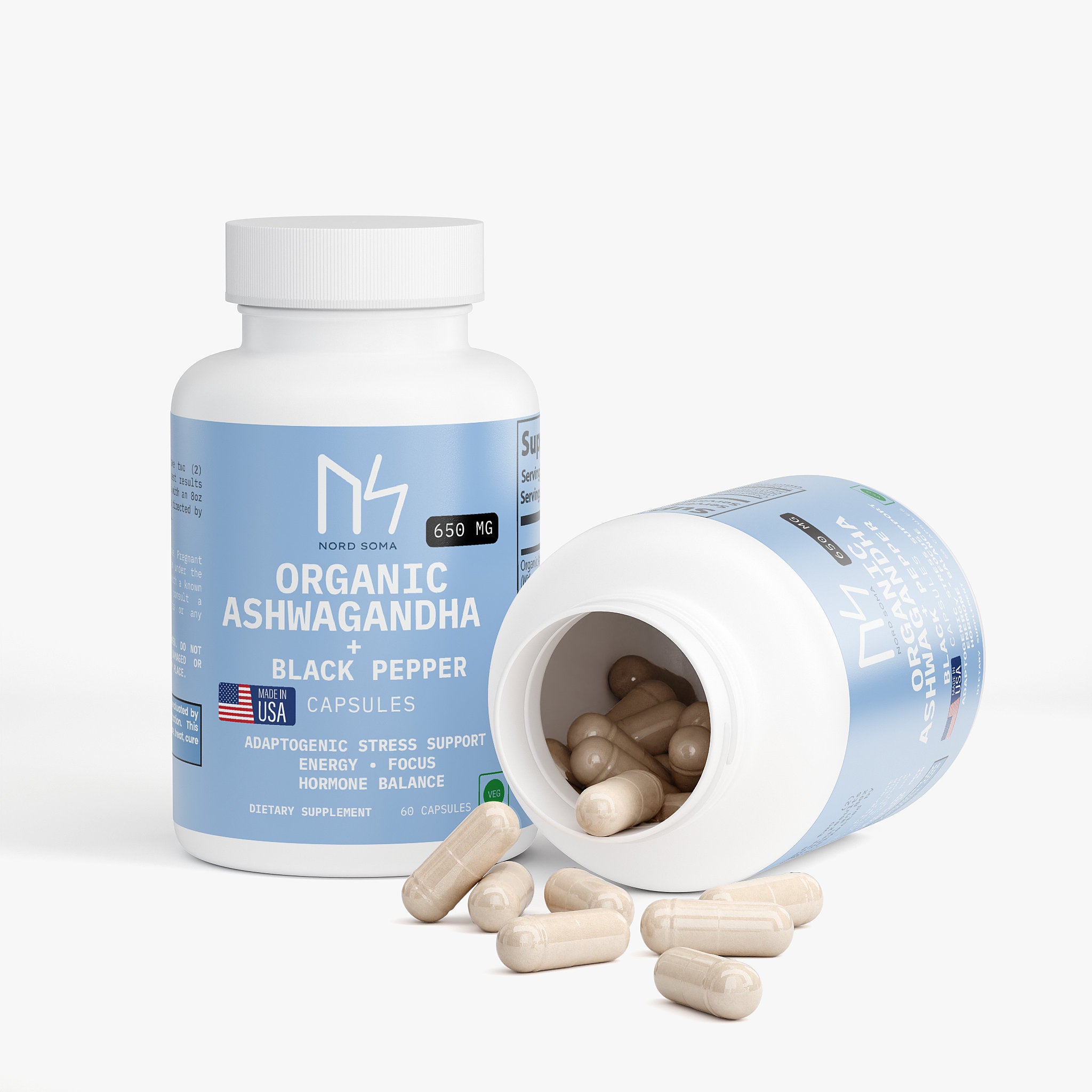 Nordsoma Organic Ashwagandha + Black Pepper 650 Mg , Made in USA