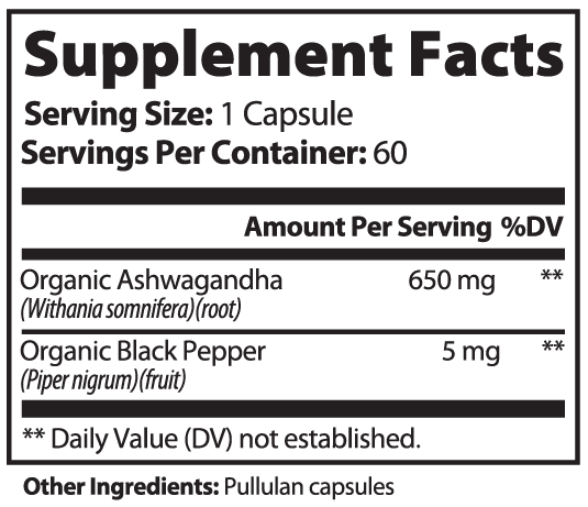 Nordsoma Organic Ashwagandha + Black Pepper 650 Mg , Made in USA